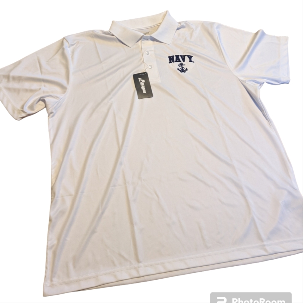 Paragon Men's XL Polo Shirt White With Blue Navy Emblem